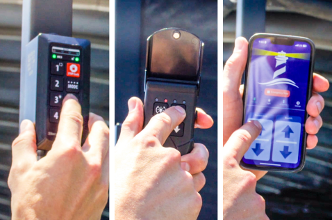 Remote and Bluetooth app controlling ShoreStation lift, ShoreScreen, and lights